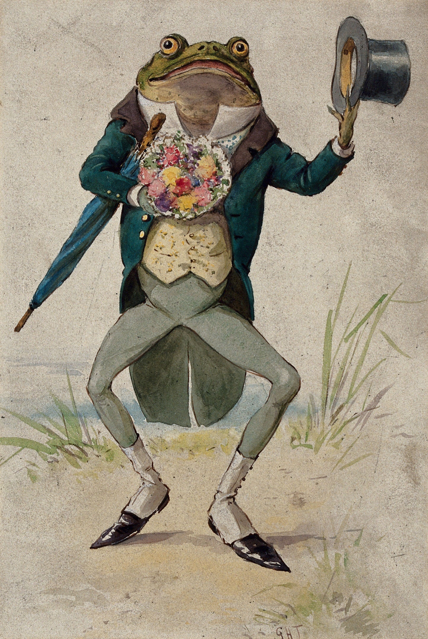 A toad in morning dress, holding an umbrella and a bunch of flowers
