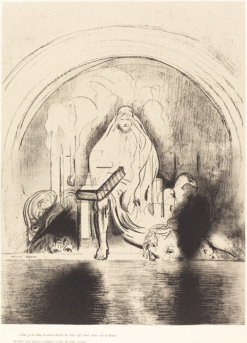 Puis je vis, dans la main droite de celui quietait assis sur le trone, un livre ecritdedans et dehors, scelle de sept sceaux (1899) by Odilon Redon