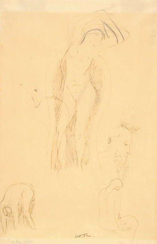 Sheet of studies (Nu et Profil Barbu or Feuille d’Etudes avec Nu Feminin) by Odilon Redon