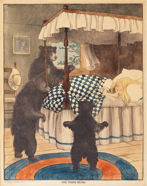 A vintage illustration of three bears in a nursery room setting, with a bed and a window in the background.