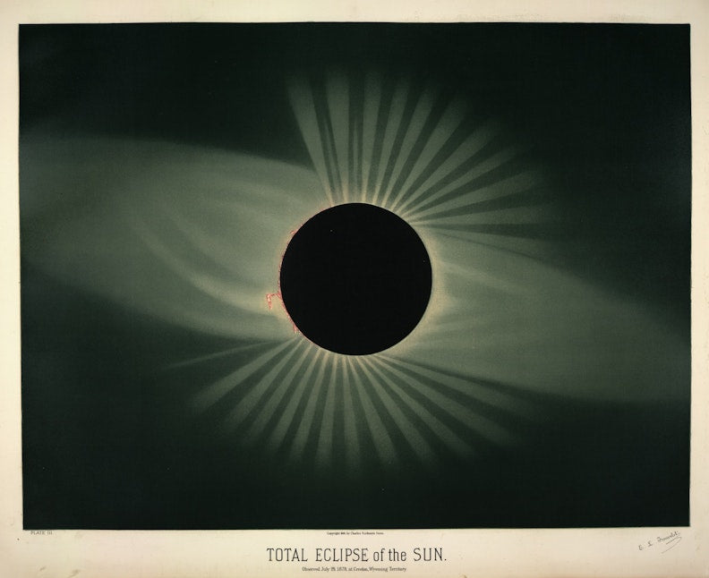 A lithograph of a total solar eclipse with a large black shadow of the moon on the sun, surrounded by streaks of light.