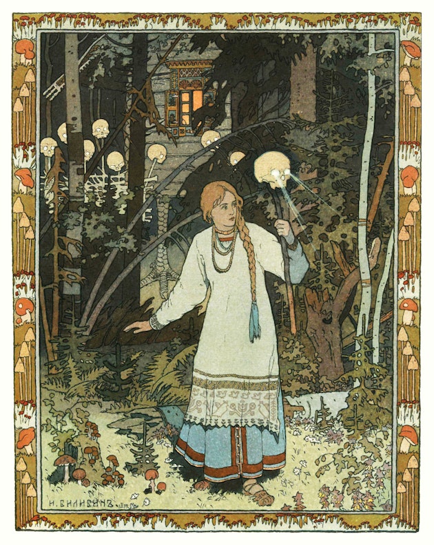 A poster featuring a fairytale-like illustration with a woman in a white dress and blue belt, holding a lantern, and standing in a forest setting with a mystical background.