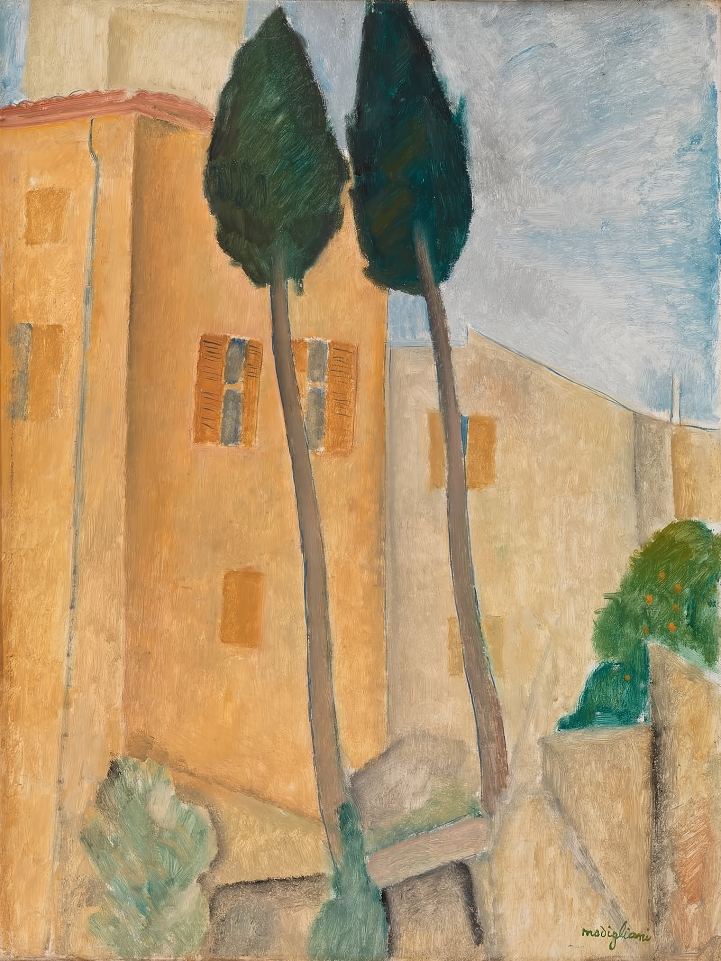 Amedeo Modigliani's Cypresses and Houses at Cagnes (Cypres et maisons à Cagnes) (1919)