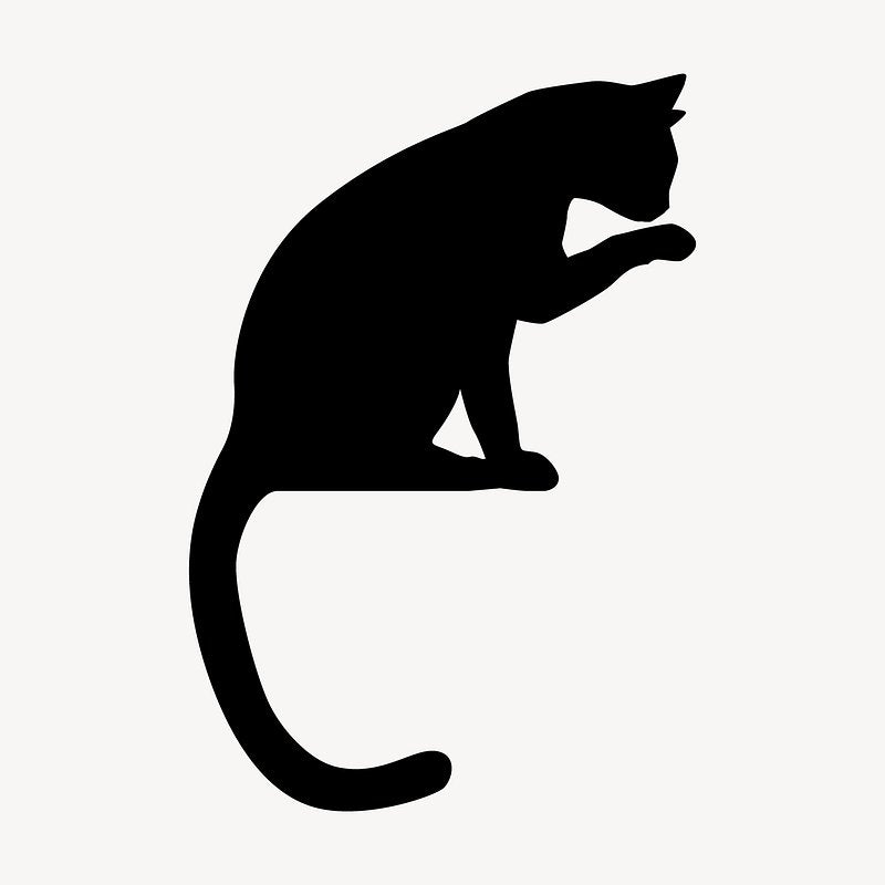 A black and white image of a stylized cat sitting on a surface with its paw raised.
