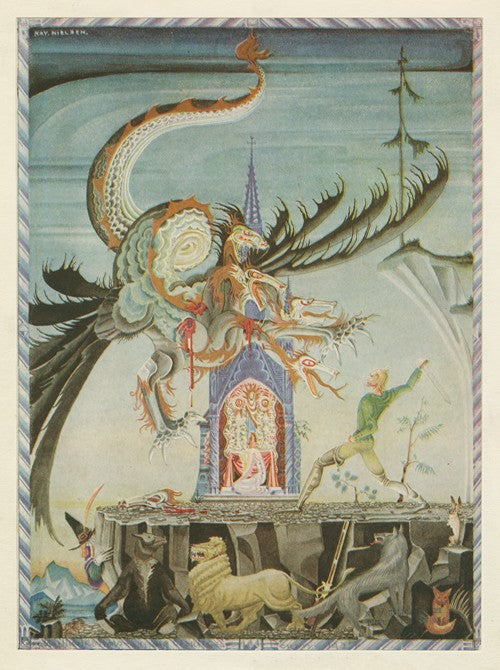 Then the dragon made a dart at the hunter, but he swung his sword round and cut off three of the beast’s heads (1900 - 1909) by Kay Rasmus Nielsen