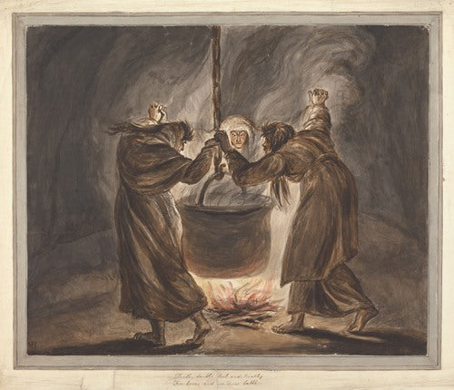 A vintage-style art print featuring three witches with a cauldron in the foreground, set against a dark background with a dramatic sky.