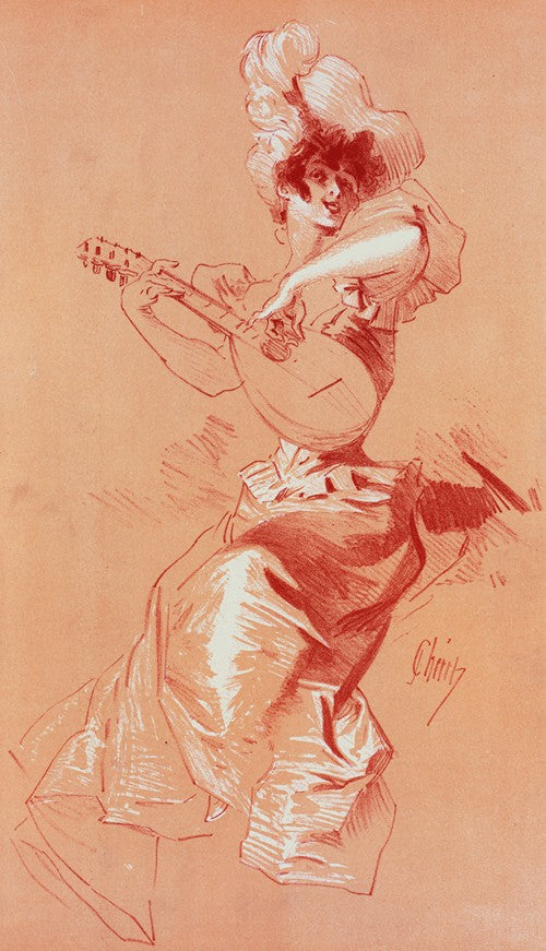 A vintage poster depicting a woman in a brown dress and hat, playing a guitar, with a pinkish-brown tint and minimalistic style.