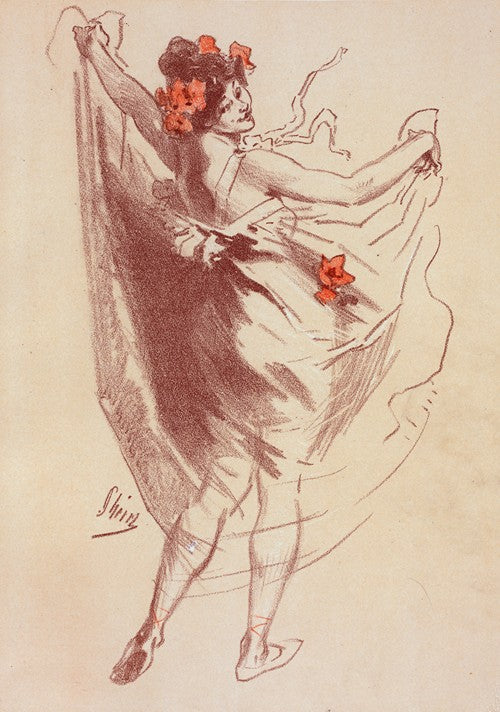 A vintage French poster featuring a stylized illustration of a woman in a flowing white dress with red accents, and a red flower, against a dark background.