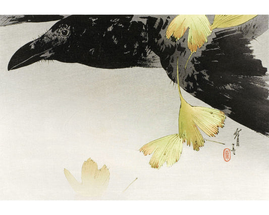 Vintage black bird art | Japanese raven and flower painting | Animal wall decor | Modern vintage décor | Ready to frame & gift