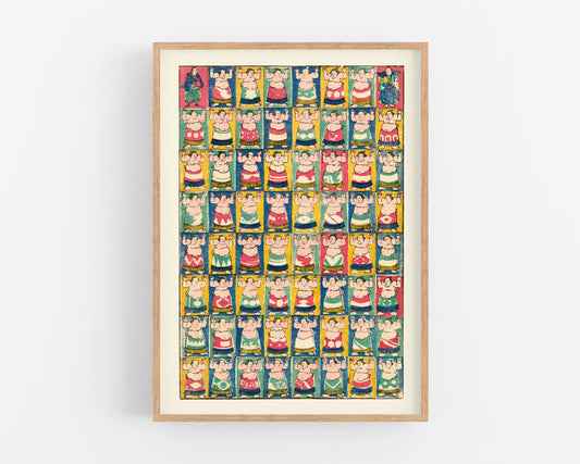 Japanese Sumo art print | Wrestlers and referees | Asian Woodblock wall art | Modern vintage décor | Eco-Friendly gift