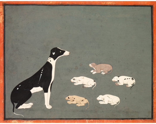 Dog and puppy art print | Dog with pups | Antique animal painting | Pet wall art | Asian art | Black and white canine art | Indian artist