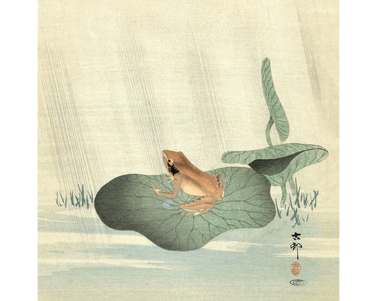 A color woodcut fine art print featuring a frog sitting on a lotus leaf, with a background suggesting a water scene.