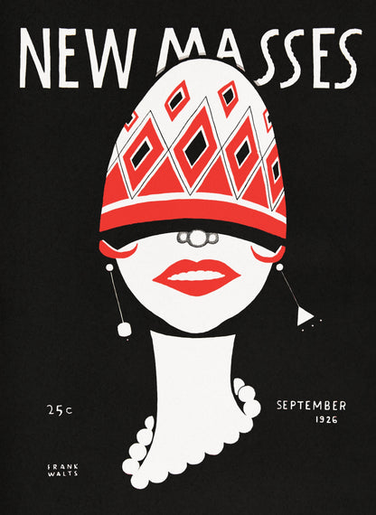 Cover of 'New Masses' magazine with a stylized illustration of a woman's face wearing a red and white patterned hat.