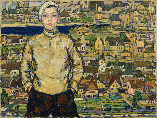 A poster featuring a painting with a boy in a landscape, standing in a cityscape with buildings and a body of water in the background.