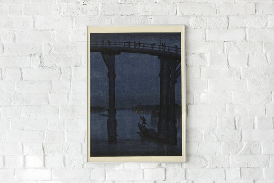Boat under the bridge at night Poster