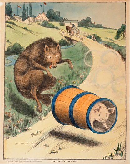 A vintage illustration of a wolf jumping over a barrel with a pig inside, set against a pastoral background.