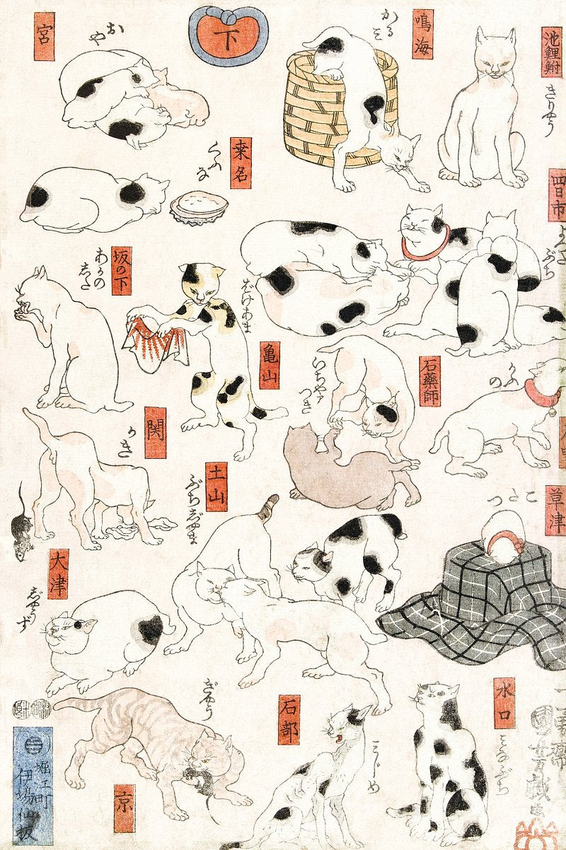 Cats (1847-1850) vintage Japanese woodblock print by Utagawa Kuniyoshi - Digital Download Wall Art