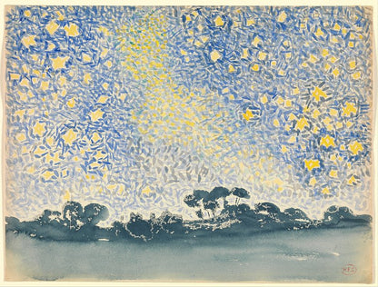 An art print of a landscape featuring a vivid blue and yellow sky with star-like patterns, and a dark, tree-lined horizon.