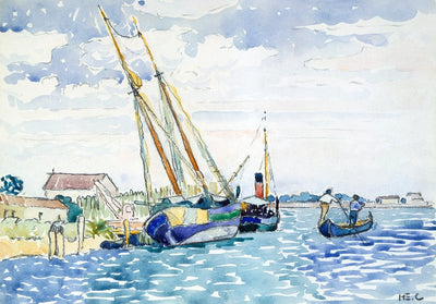 A vibrant art print depicting a marine scene with boats near Venice, characterized by loose, visible brush strokes and a vivid portrayal of light and color.