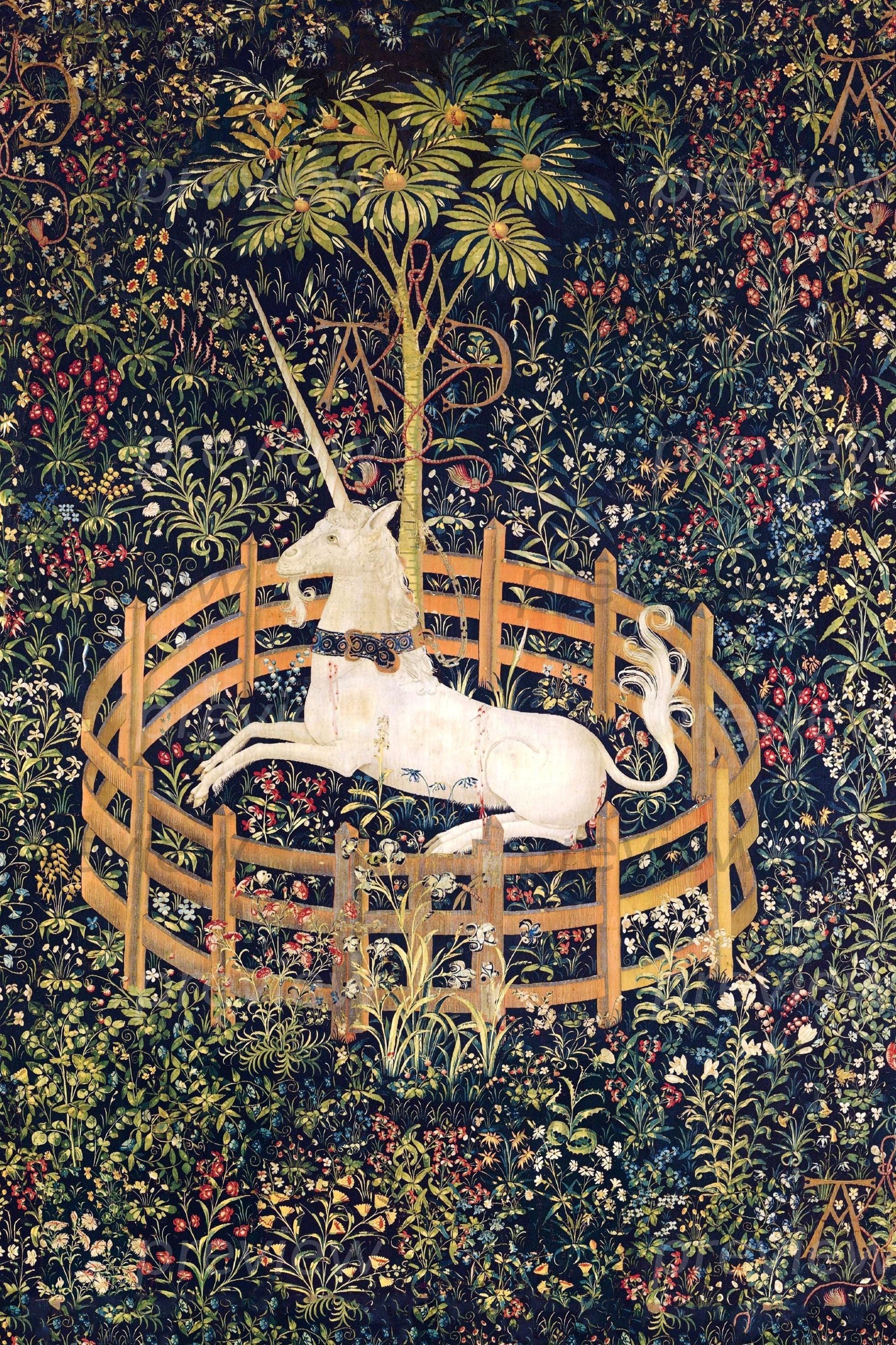 Medieval Unicorn Tapestry Digital Art Printable Instant Download Enchanting Wall Decor for girls room or nursery. renn faire art