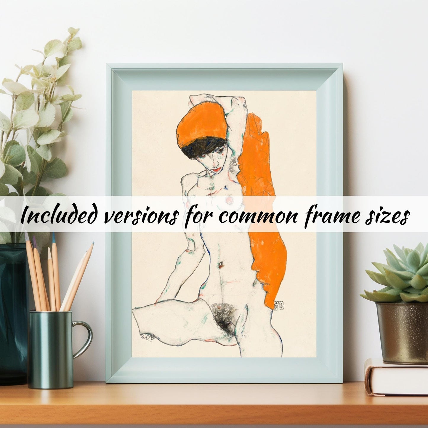 Standing Nude with Orange Drapery by Egon Schiele Erotic Line Art Vibrant Digital Art Wall Art Printable - Instant Download