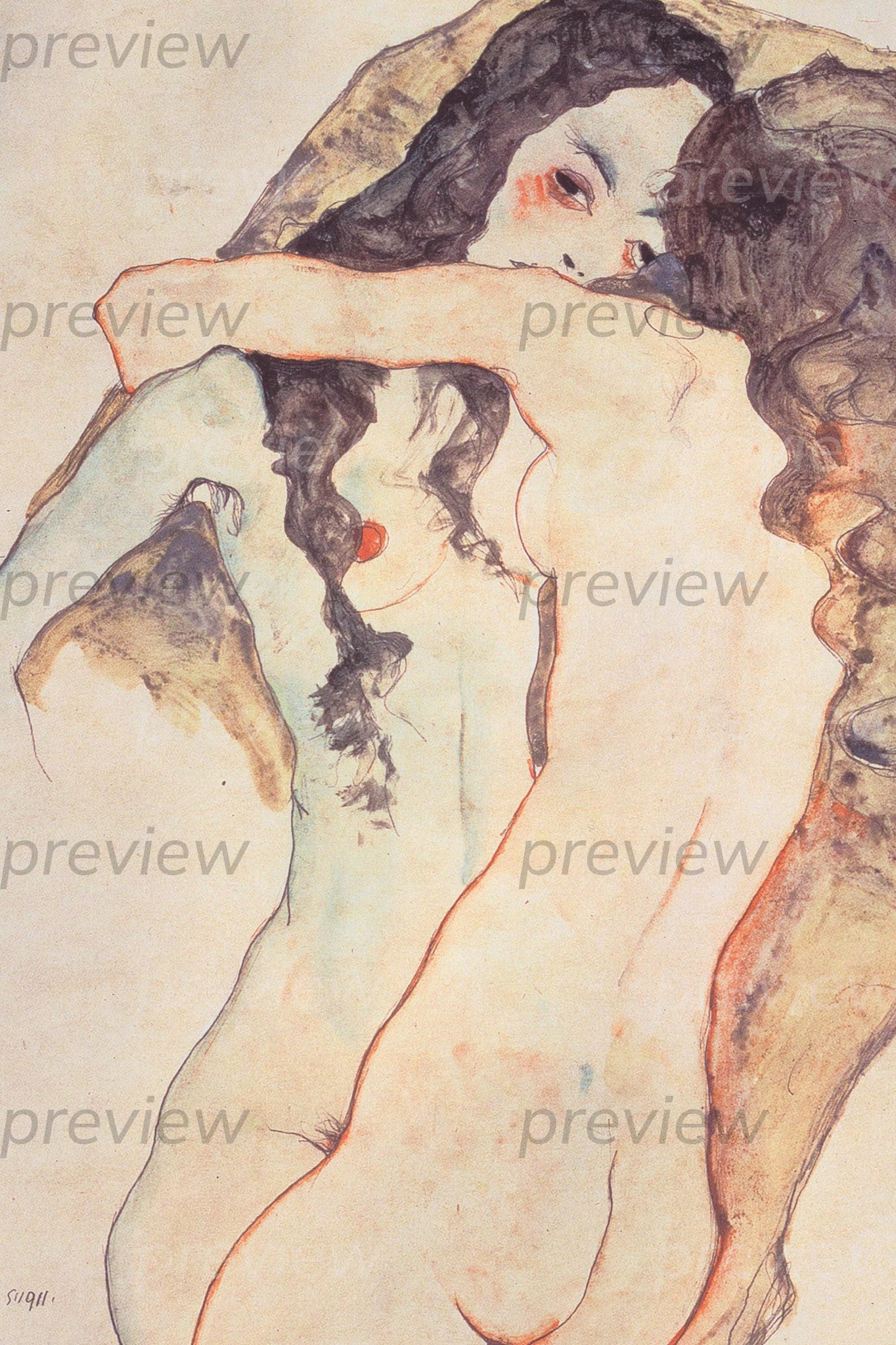 Two Women Embracing 1911 by Egon Schiele Digital Art Printable Romantic Queer Love Instant Download