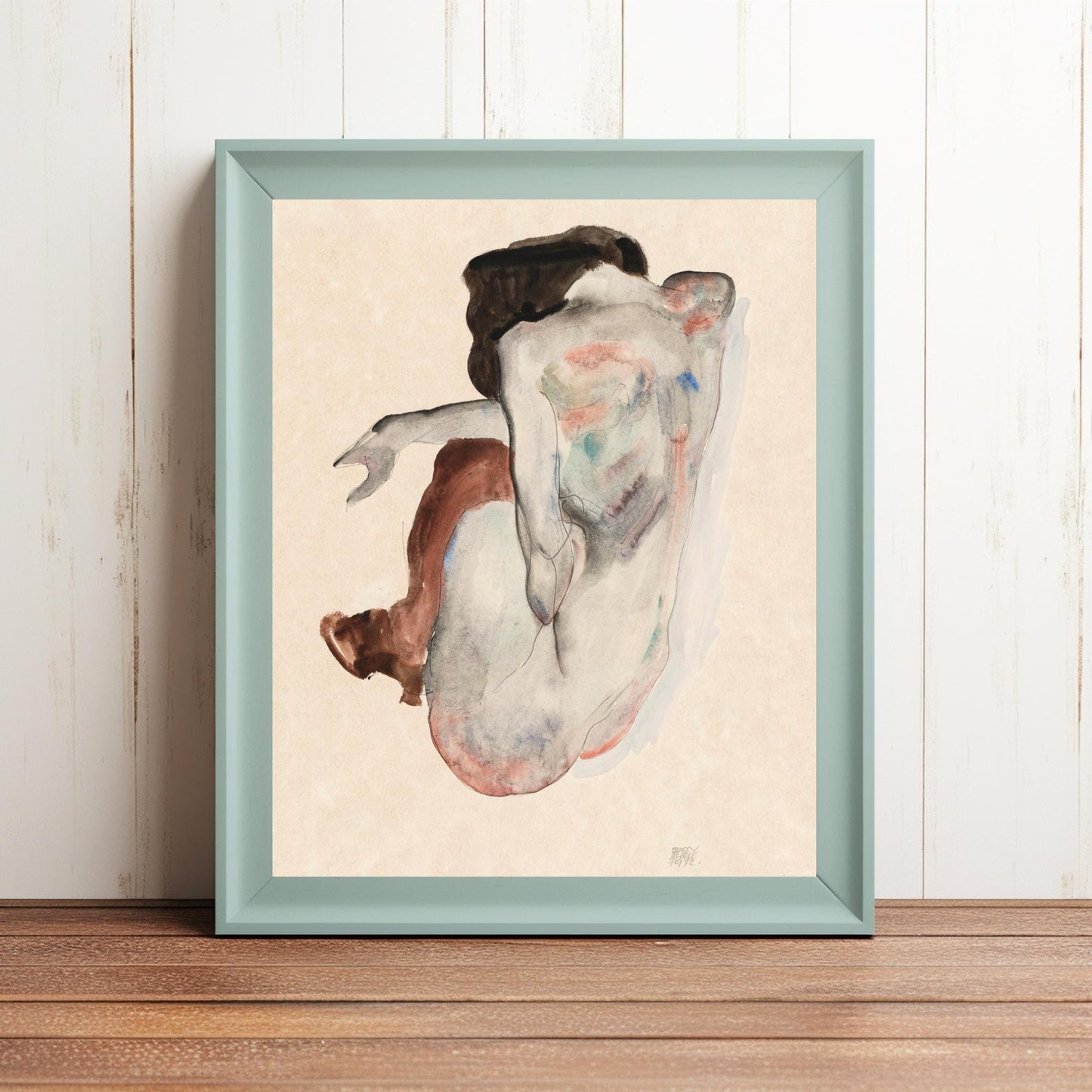 Crouching Nude in Shoes and Black Stockings by Egon Schiele - Digital Download Wall Art - Printable Instant Download