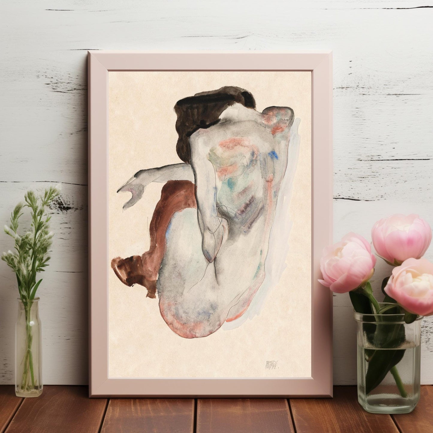 Crouching Nude in Shoes and Black Stockings by Egon Schiele - Digital Download Wall Art - Printable Instant Download