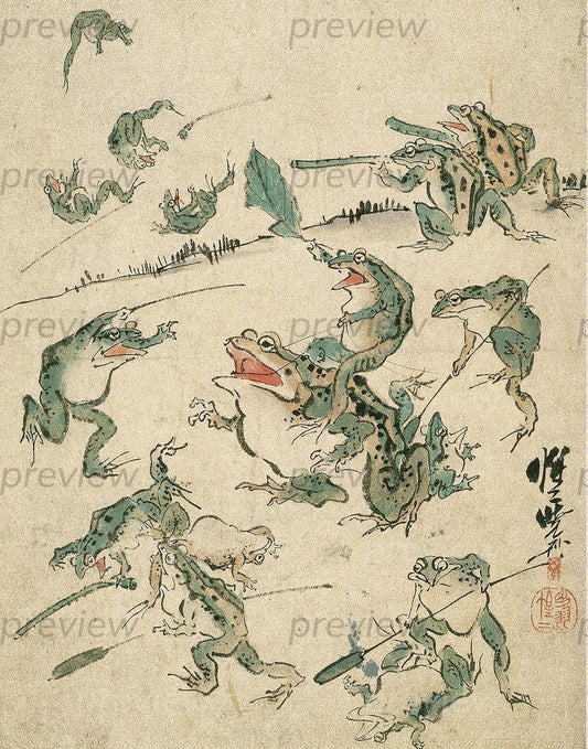 Battle of the Frogs Japanese woodblock Art Digital Image Printable Instant Download frog lover wall art