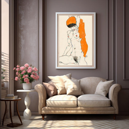 Standing Nude with Orange Drapery by Egon Schiele Erotic Line Art Vibrant Digital Art Wall Art Printable - Instant Download