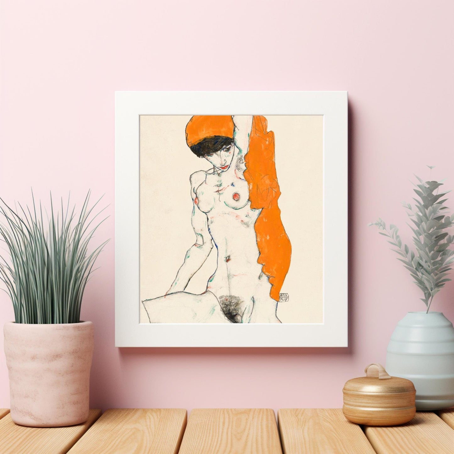 Standing Nude with Orange Drapery by Egon Schiele Erotic Line Art Vibrant Digital Art Wall Art Printable - Instant Download