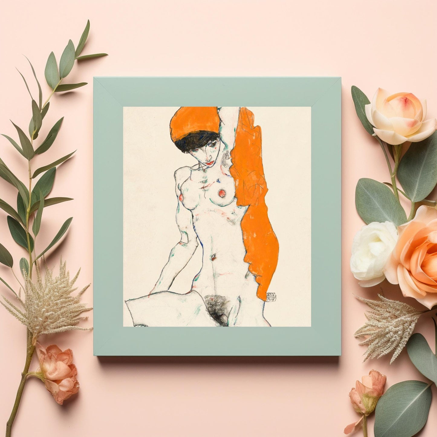 Standing Nude with Orange Drapery by Egon Schiele Erotic Line Art Vibrant Digital Art Wall Art Printable - Instant Download