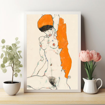 Standing Nude with Orange Drapery by Egon Schiele Erotic Line Art Vibrant Digital Art Wall Art Printable - Instant Download