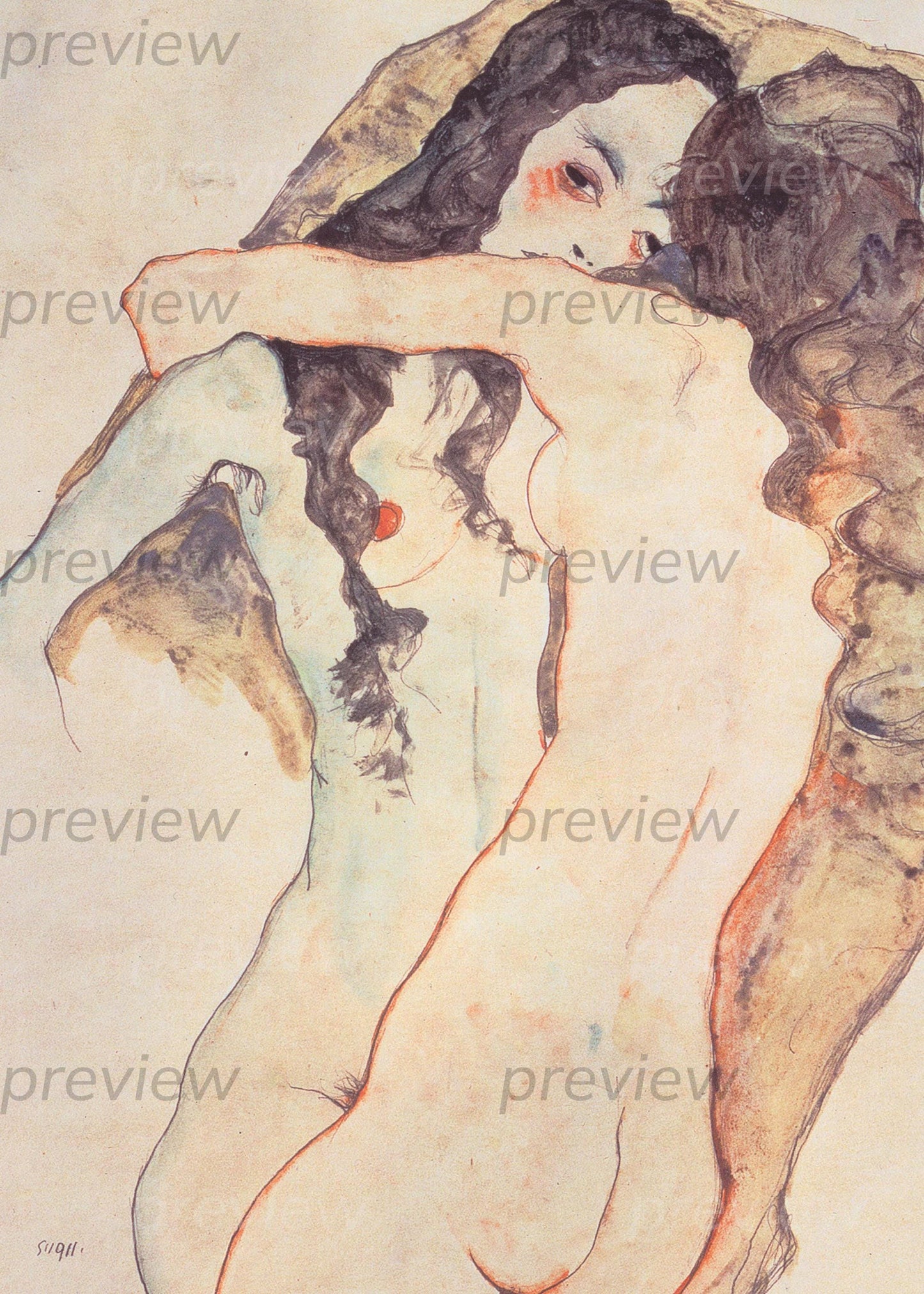 Two Women Embracing 1911 by Egon Schiele Digital Art Printable Romantic Queer Love Instant Download