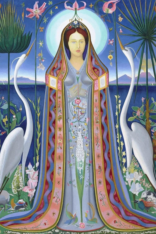 Ethereal Harmony A Modern Madonna Surrounded by Nature and Cranes Inspired by Joseph Stella&#39;s Purissima 1927