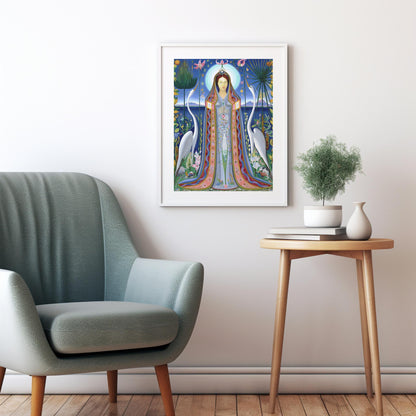 Ethereal Harmony A Modern Madonna Surrounded by Nature and Cranes Inspired by Joseph Stella&#39;s Purissima 1927