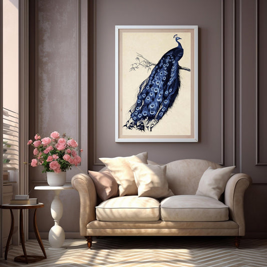 Elegant Peacock Perched on Branch - Vintage Style Digital Art for Home Decor - Instant Download Printable Wall Art