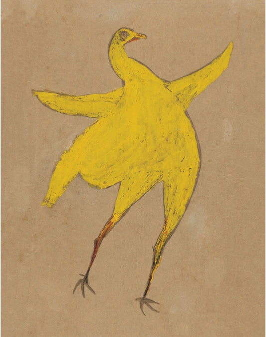 Bill Traylor Americana art | Yellow chicken on cardboard | Farm folk art | African American self-taught artist | Modern vintage wall décor (whitespace trimmed)