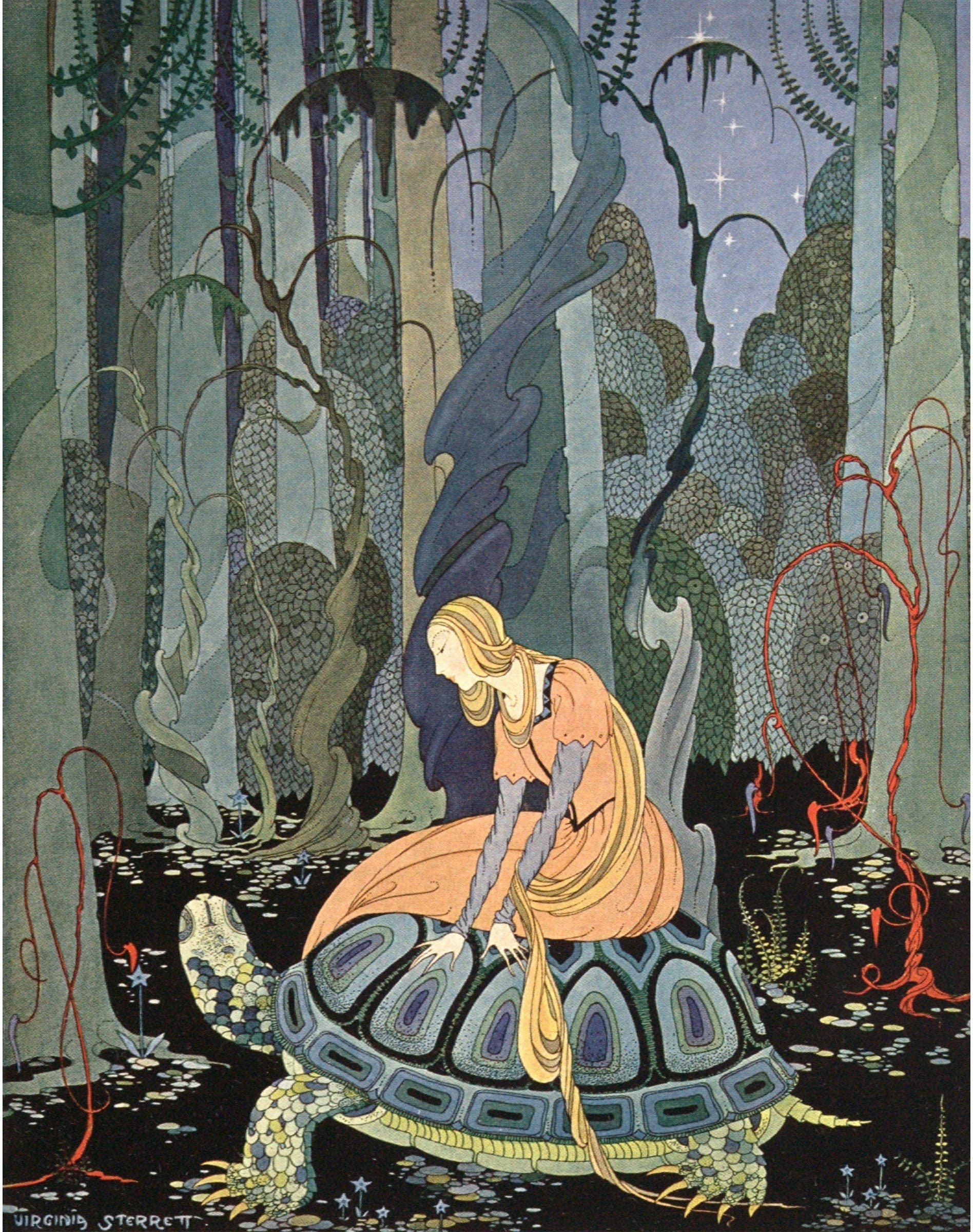 French Fairy Tale fine art print | Princess on a tortoise | Passing thru the forest | Art Deco wall art | Virginia Sterrett illustration (whitespace trimmed)