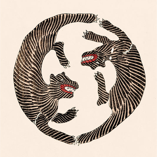 A circle of tigers | Japanese woodblock wall art | Asian animal art | Large cats painting | Naive drawing | Animal fine art print (whitespace trimmed)