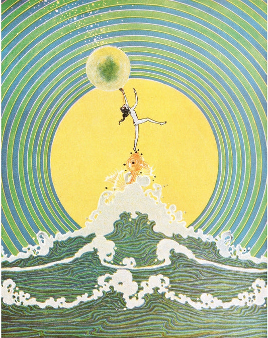 Colorful fairy tale fine art print • Reaching for the moon and stars • Art Deco sun, sea, fish • Whimsical art • Magic fairy (whitespace trimmed)