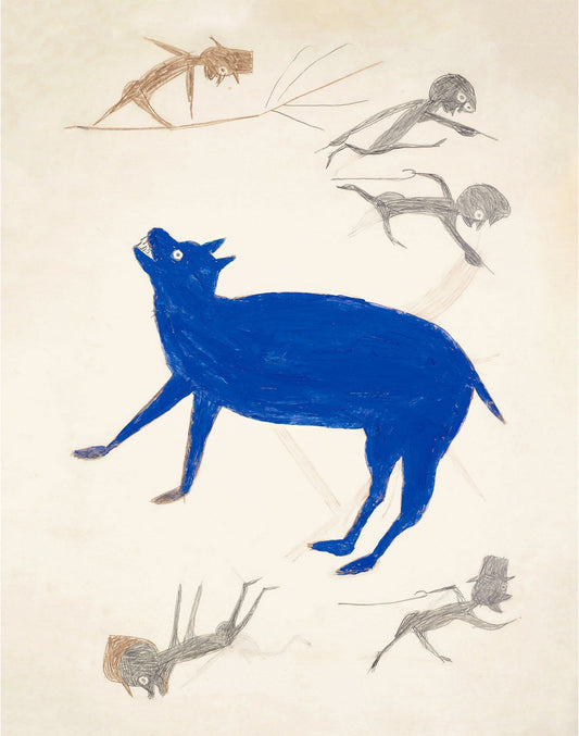 Bill Traylor Americana art | Blue animal with figures | Animal folk art | African American self-taught artist | Modern vintage wall décor (whitespace trimmed)
