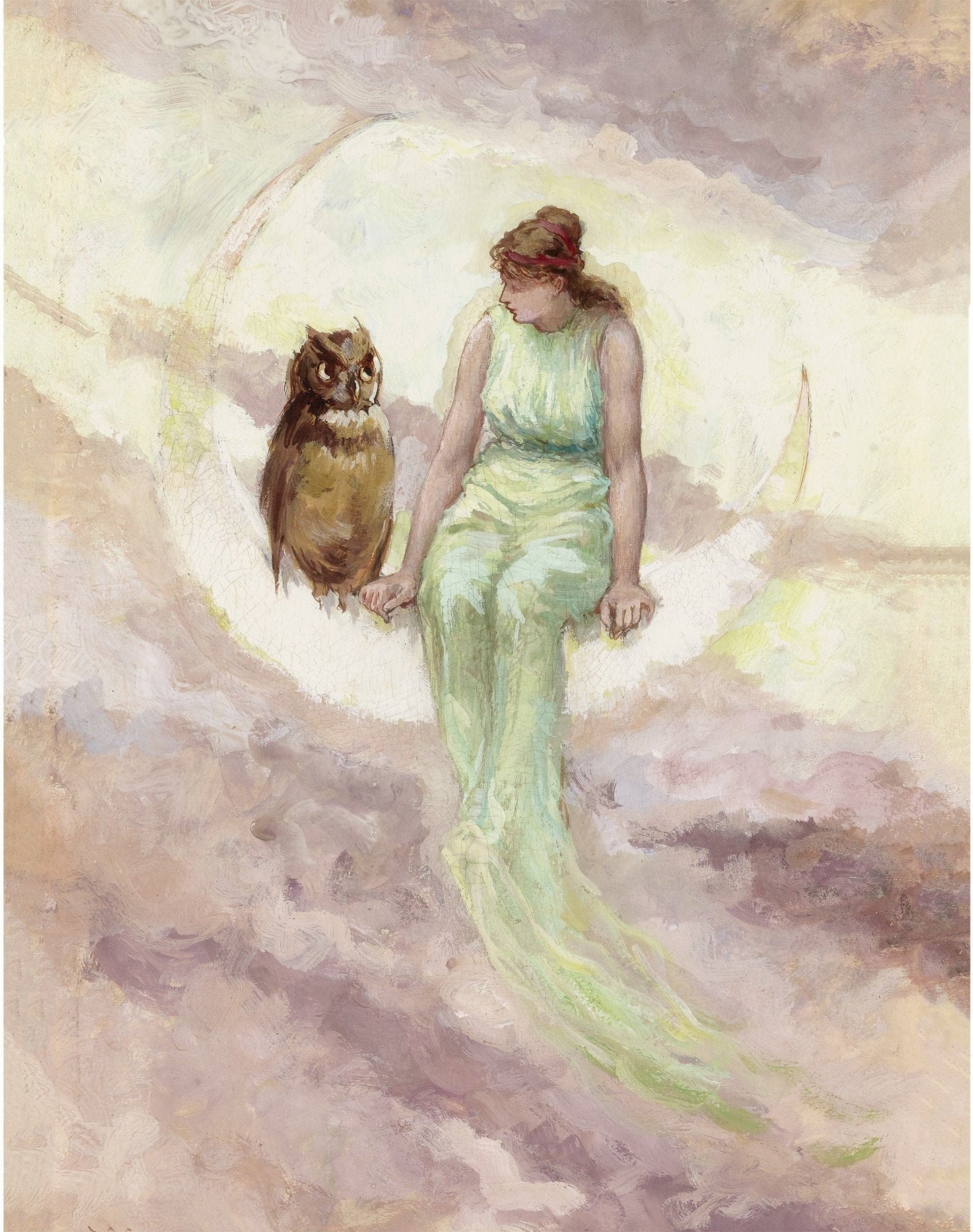 Art print of a vintage owl on crescent moon, with a woman sitting on a cloud, surrounded by a mystical night sky background. (whitespace trimmed)