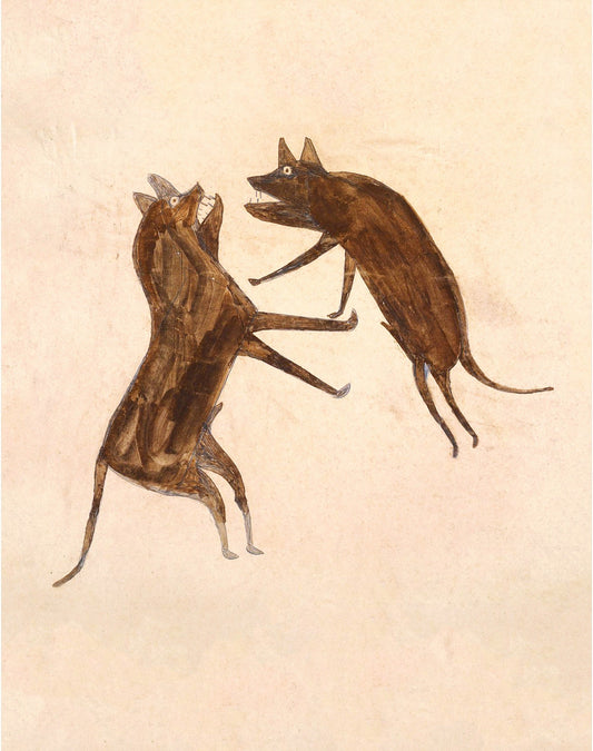 Bill Traylor Americana art | Two brown dogs fighting | Animal folk art | African American self-taught artist | Modern vintage wall décor (whitespace trimmed)