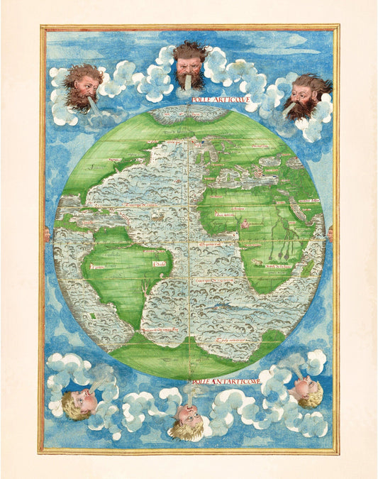 Ancient world map | Map of the winds | North America, South America, Europe, Africa, poles | Vintage French cartography | Travelers wall art (whitespace trimmed)