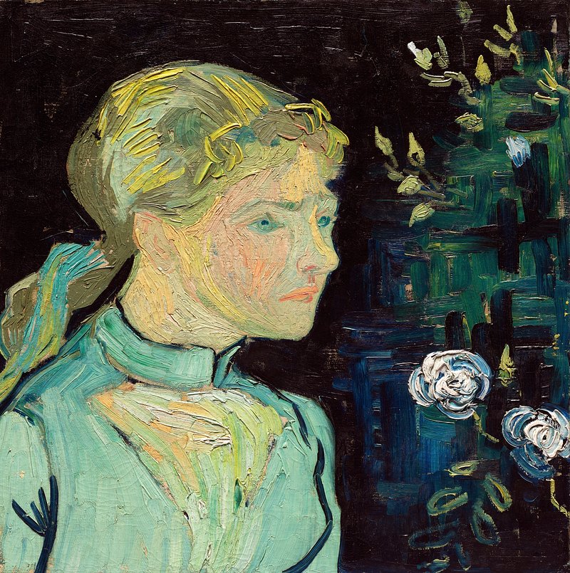 A printed artwork featuring a woman with a green dress and a blue belt, looking to the side, with a floral pattern in the background.