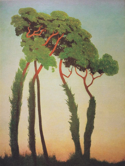 A print of a landscape with two trees and a blue sky background.