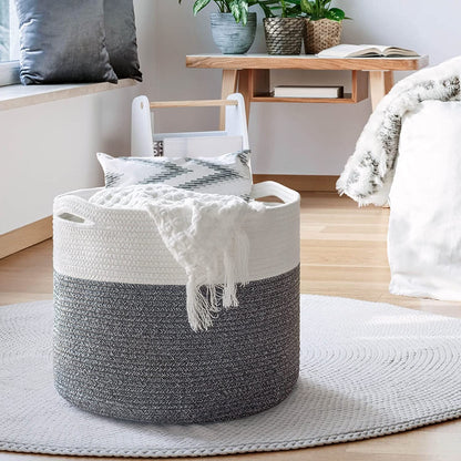 Gray and White Rope Basket, Large - 15.8"x15.8"x13.8"
