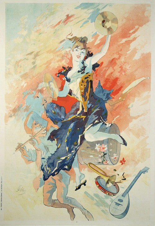 A vintage French poster featuring an allegory of music with a central figure holding a musical instrument, surrounded by other figures in a colorful, artistic depiction.