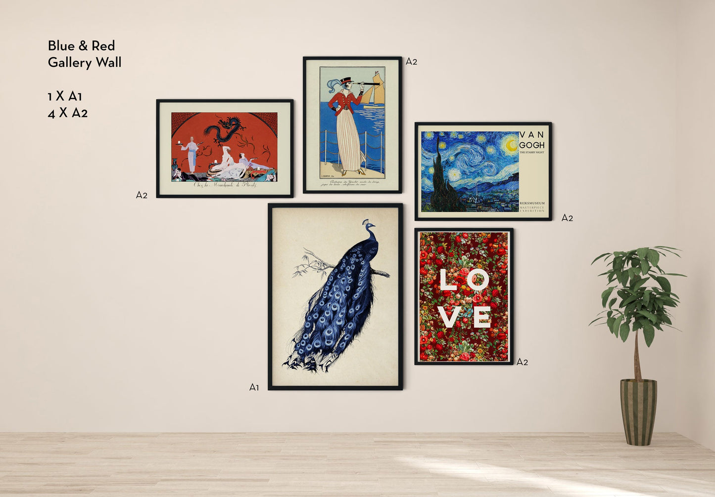 Red & Blue Gallery Wall (Set of 5 Art Prints)